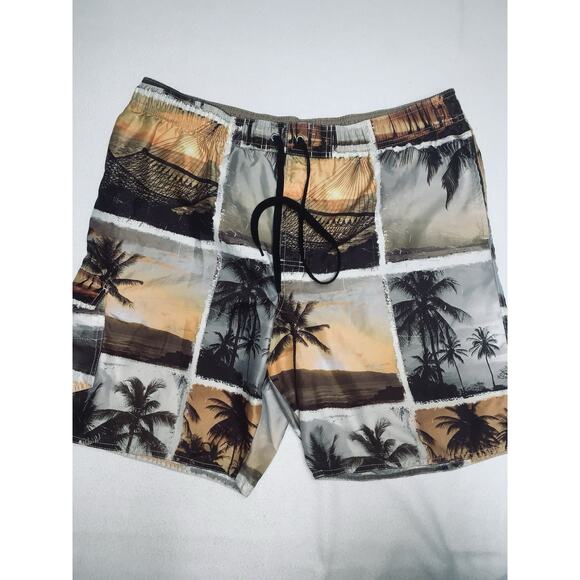 L No Bad Days Cargo Swim Trunks Orange Beige Brown Tropical Print Mens READ - Picture 1 of 11